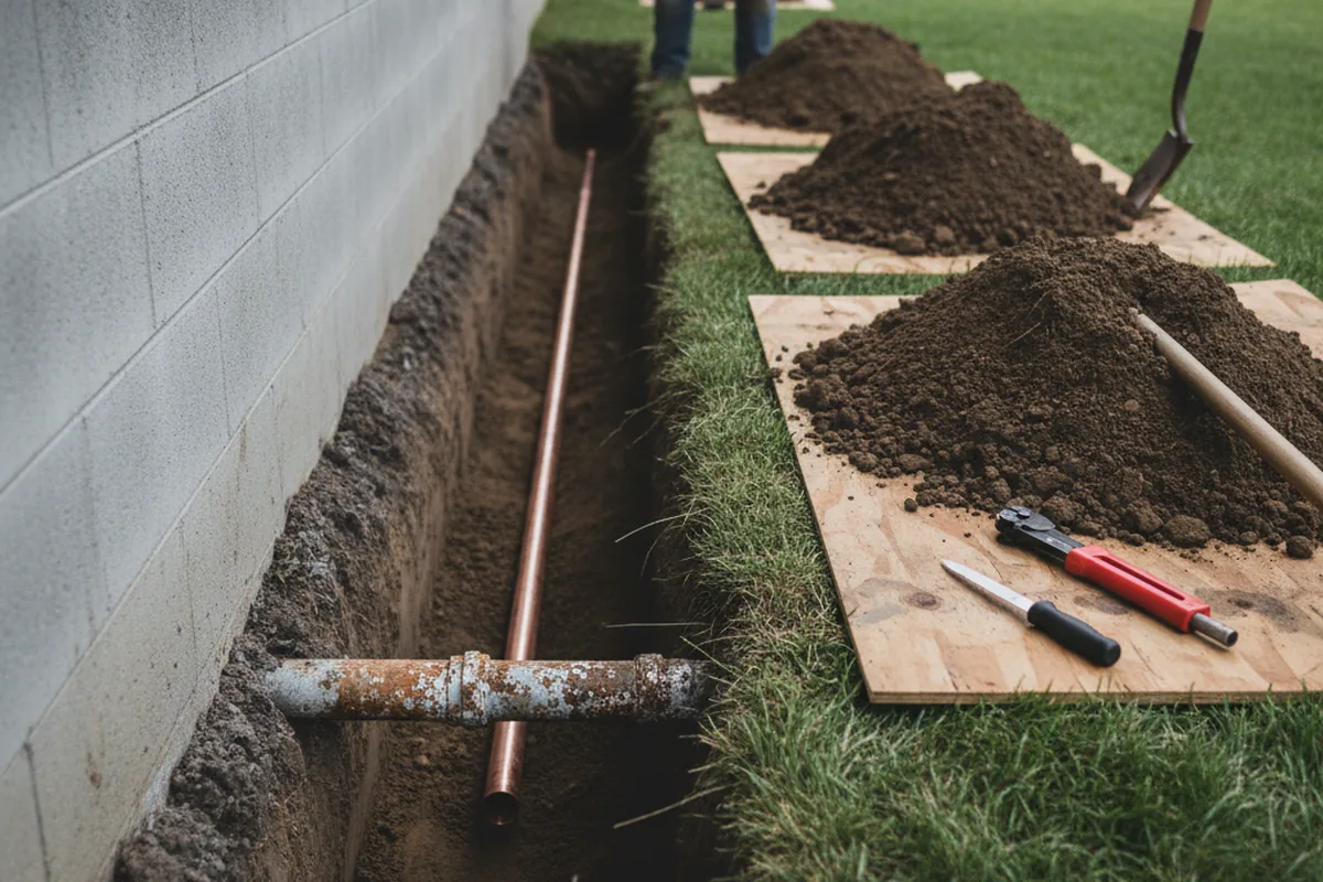 Excavated water line trench during Sewer Line Repair in Charenton